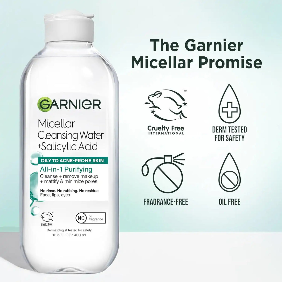 Garnier Micellar Water with Salicylic Acid, All-in-1 Mattifying Facial Cleanser and Makeup Remover for Oily and Acne Prone Skin, 13.5 Fl Oz, Pack of 2