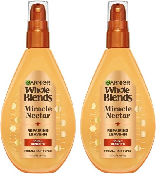 Garnier Whole Blends Sulfate Free Remedy Miracle Nectar 10-in-1 Repairing Leave-In Conditoner for All Hair Types, Honey Treasures, 5 Fl Oz, 2 Count (Packaging May Vary)