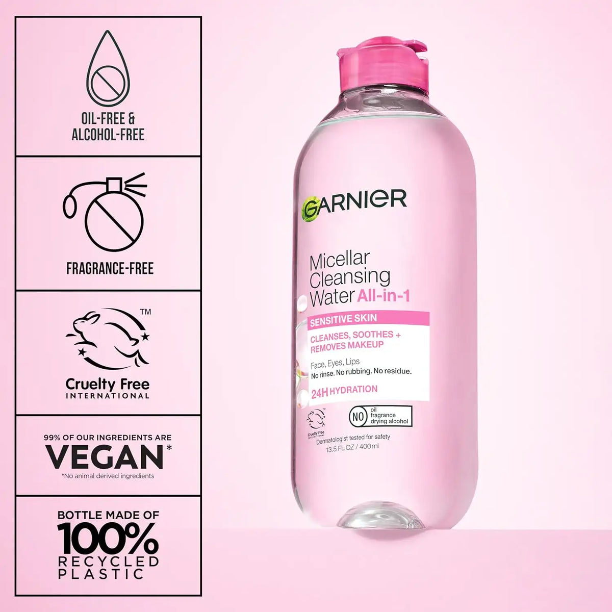 Garnier Micellar Water, Hydrating Facial Cleanser & Makeup Remover, Suitable for Sensitive Skin, Vegan, Cruelty Free, 13.5 Fl Oz (400mL), 2 Count