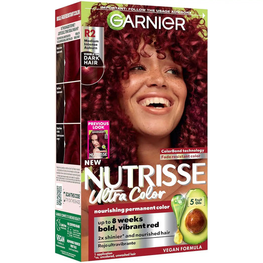 Garnier Nutrisse Ultra Color Hair Color, Permanent Hair Dye for Up to 8 Weeks of Bold, Vibrant, Fade-Resistant Results, Vegan & Cruelty-Free, R2 Medium Intense Auburn (Goji Berry), 1 Count