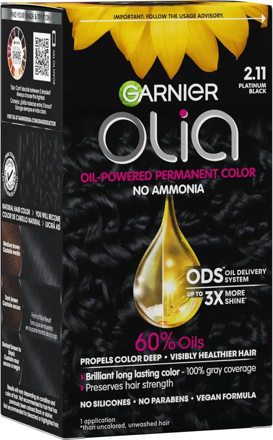 Garnier Olia Ammonia-Free Brilliant Color Oil-Rich Permanent Hair Color, 2.11 Platinum Black (Pack of 1) Black Hair Dye (Packaging May Vary)
