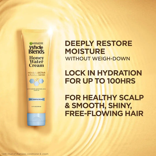 Garnier Whole Blends Honey Water Cream, 100 Hours Moisture Lock, Dry Hair, Scalp, Honey Nectar and Floral Water, Pack of 2
