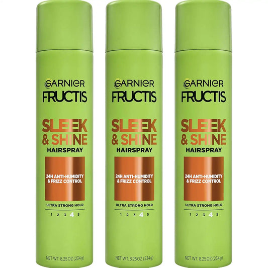 Garnier Fructis Sleek & Shine Hairspray, Provides 24-Hour Anti-Humidity and Frizz Control, Extra Strong Hold, Infused with Bamboo Extract for Ultra-Smooth Hair, 8.25 oz, 3 Count (Packaging May Vary)
