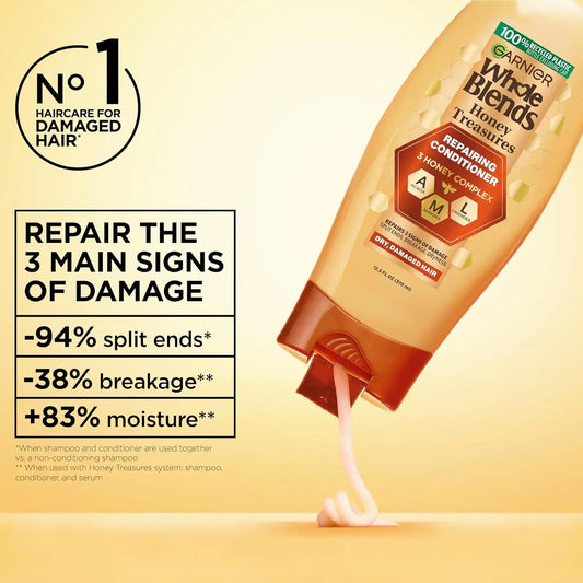 Garnier Whole Blends Honey Treasures Repairing Conditioner, for Dry, Damaged Hair, 22 Fl Oz, 2 Count (Packaging May Vary)