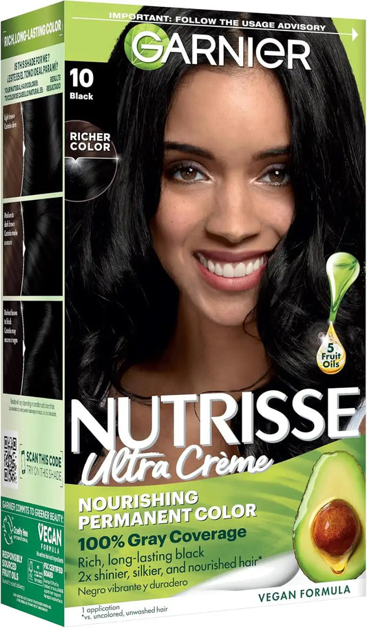 Garnier Hair Color Nutrisse Nourishing Creme, 10 Black (Licorice) Permanent Hair Dye, 1 Count (Packaging May Vary)