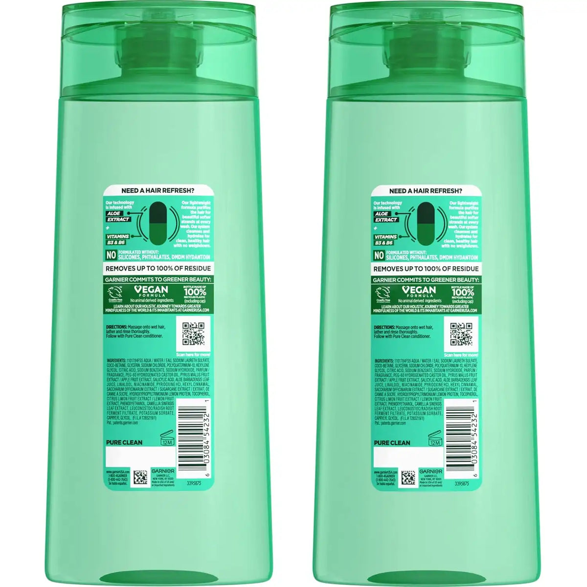 Garnier Fructis Pure Clean Purifying Shampoo, Silicone-Free, 22 Fl Oz, 2 Count (Packaging May Vary)