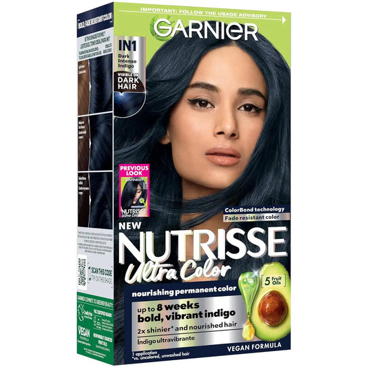 Garnier Nutrisse Ultra Color Hair Color, Permanent Hair Dye for Up to 8 Weeks of Bold, Vibrant, Fade-Resistant Results, Vegan & Cruelty-Free, IN1 Dark Intense Indigo (Midnight Iris), 1 Count