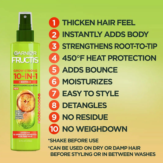 Garnier Fructis Grow Strong Thickening 10-in-1 Spray,Biotin-C,8.1 Fl Oz,(Packaging May Vary),(Pack of 2)