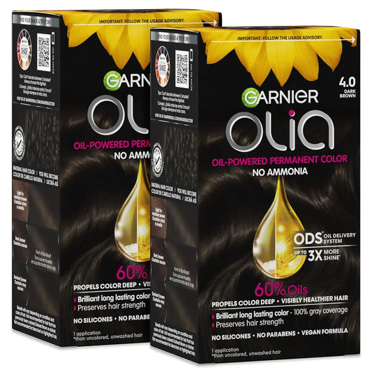 Garnier Olia Hair Color, Ammonia-Free Permanent Hair Dye, Oil-Powered Formula for 100% Gray Coverage and 3x Shinier Hair, Vegan & Cruelty Free, 4.0 Dark Brown, 2 Count