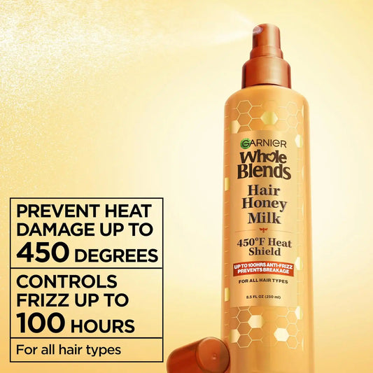 Garnier Whole Blends Hair Honey Milk 450F Heat Protectant Spray, For All Hair Types With Up To 100 Hrs of Frizz Control, 8.5 Fl Oz, 2 Count