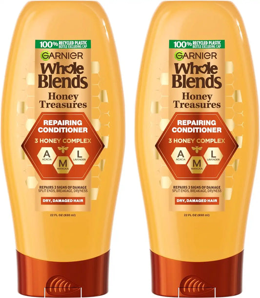 Garnier Whole Blends Honey Treasures Repairing Conditioner, for Dry, Damaged Hair, 22 Fl Oz, 2 Count (Packaging May Vary)