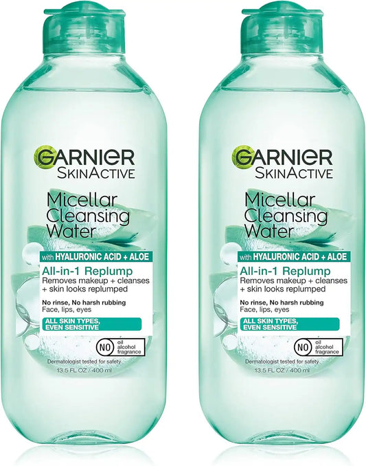 Garnier Micellar Water with Hyaluronic Acid, Facial Cleanser & Makeup Remover, Hydrating and Plumping, For All Skin Types, Vegan, Cruelty Free, 13.5 Fl Oz (400mL), 2 Count