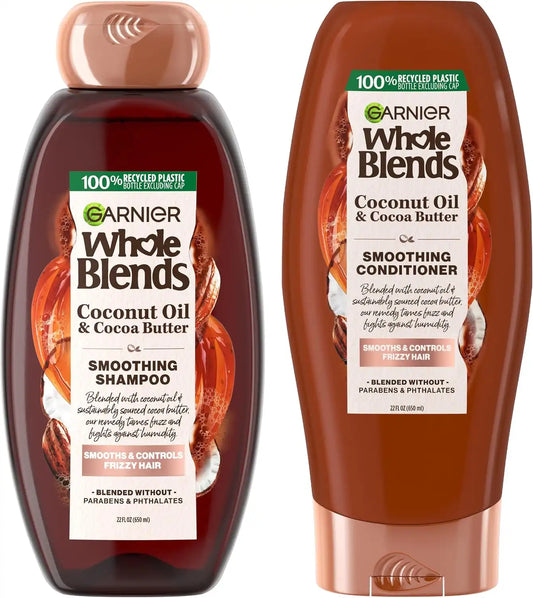 Garnier Whole Blends Coconut Oil & Cocoa Butter Smoothing Shampoo and Conditioner Set for Frizzy Hair, 22 Fl Oz (2 Items), 1 Kit (Packaging May Vary)
