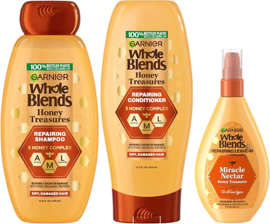 Garnier Whole Blends Honey Treasures Repairing Shampoo, Conditioner + Miracle Nectar Leave-In Set for Dry, Damaged Hair (3 Items), 1 Kit (Packaging May Vary)