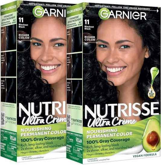 Garnier Hair Color Nutrisse Nourishing Creme, 11 Blackest Black (Peppercorn) Permanent Hair Dye, 2 Count (Packaging May Vary)