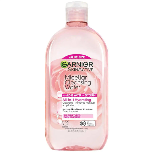 Garnier Micellar Water with Rose Water and Glycerin, Hydrating Facial Cleanser & Makeup Remover, For All Skin Types, Vegan, Cruelty Free, 23.7 Fl Oz (700mL), 1 Count