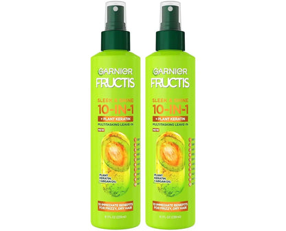 Garnier Fructis Sleek & Shine 10-in-1 Leave In Conditioner Spray for Dry, Frizzy Hair, Heat Protectant Up to 450F with Argan Oil & Plant Keratin, Provides Flyaway and Frizz Control, 8.1 Fl Oz (2 Pack)