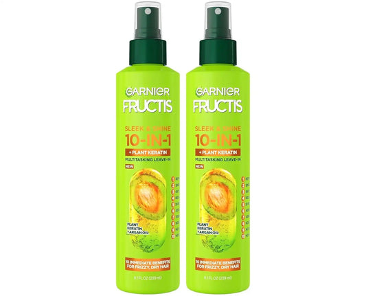 Garnier Fructis Sleek & Shine 10-in-1 Leave In Conditioner Spray for Dry, Frizzy Hair, Heat Protectant Up to 450F with Argan Oil & Plant Keratin, Provides Flyaway and Frizz Control, 8.1 Fl Oz (2 Pack)