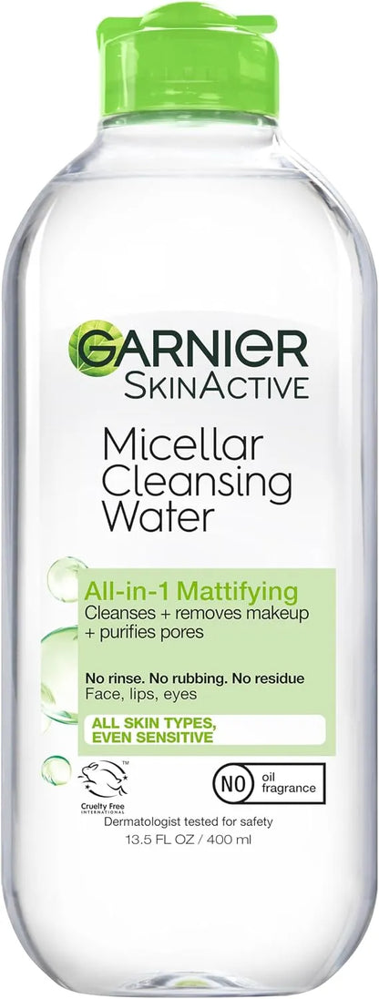 Garnier Micellar Water for Oily Skin, Facial Cleanser & Makeup Remover, Mattifying, For All Skin Types, Vegan, Cruelty Free, 13.5 Fl Oz (400mL), 1 Count