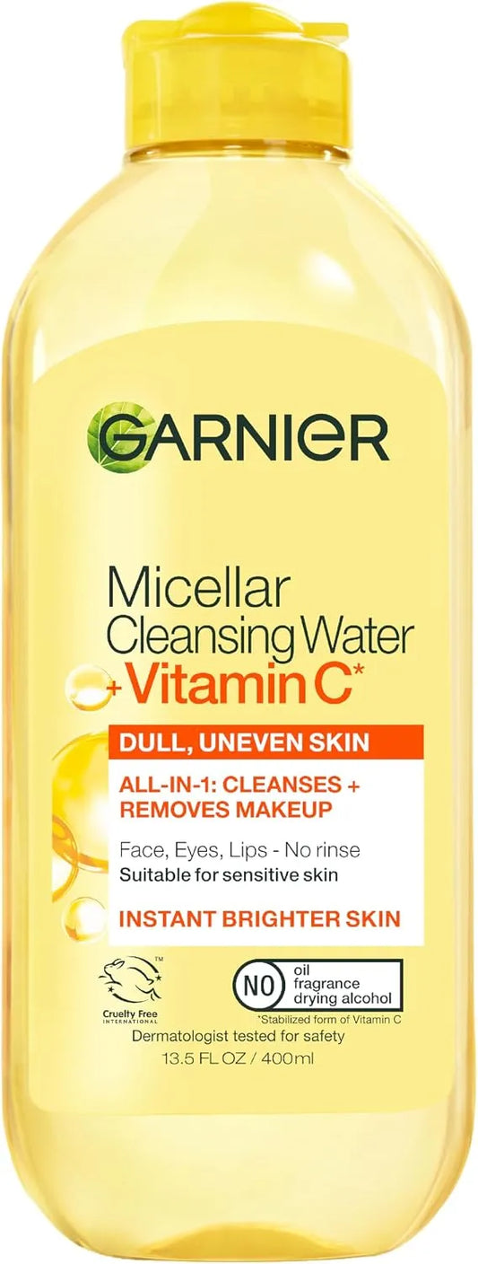 Garnier Micellar Water with Vitamin C, Facial Cleanser & Makeup Remover, Brightening & Hydrating, For All Skin Types, Vegan, Cruelty Free, 13.5 Fl Oz (400mL), 1 Count
