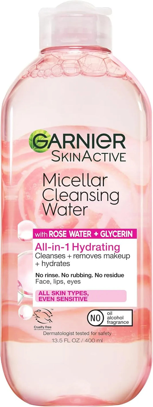 Garnier SkinActive Micellar Water with Rose Water and Glycerin, Facial Cleanser & Makeup Remover, All-in-1 Hydrating, 400 ml, 1 count (Packaging May Vary)