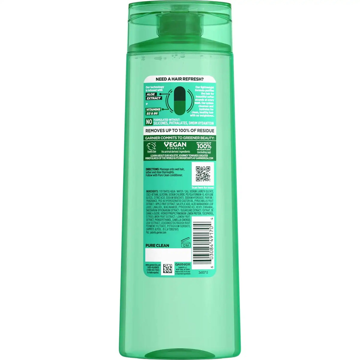 Garnier Fructis Pure Clean Purifying Shampoo, Silicone-Free, 12.5 Fl Oz, (Packaging May Vary), (Pack of 2)