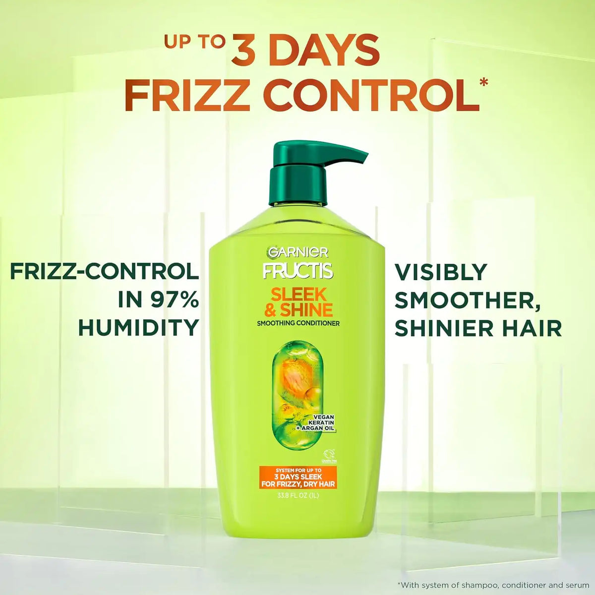 Garnier Fructis Sleek & Shine Conditioner, Smoothing Conditioner for Frizzy, Dry Hair with Argan Oil and Vegan Keratin, 33.8 Fl Oz (Packaging May Vary) (Pack of 2)
