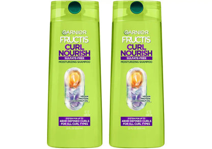 Garnier Fructis Curl Nourish Moisturizing Shampoo for Curly Hair, Plant Protein and Coconut Oil Formula, Up to 48HR of Curl Definition, Sulfate Free & Vegan, 22 Fl Oz, 2 Count (Packaging May Vary)