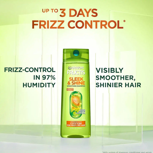 Garnier Fructis Sleek & Shine Full + Travel Size Shampoo (12.5 & 3 Fl Oz) + Conditioner (12 & 3 Fl Oz) Set for Frizzy, Dry Hair, Plant Keratin + Argan Oil (4 Items), 1 Kit (Packaging May Vary)