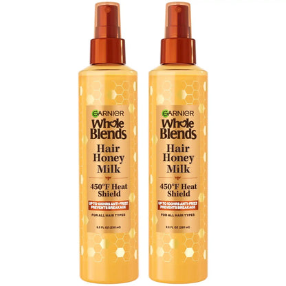 Garnier Whole Blends Hair Honey Milk 450F Heat Protectant Spray, For All Hair Types With Up To 100 Hrs of Frizz Control, 8.5 Fl Oz, 2 Count