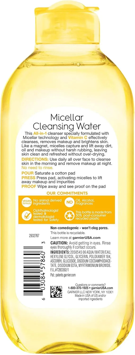 Garnier Micellar Water with Vitamin C, Facial Cleanser & Makeup Remover, Brightening & Hydrating, For All Skin Types, Vegan, Cruelty Free, 13.5 Fl Oz (400mL), 1 Count