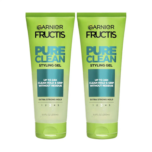 Garnier Fructis Pure Clean Styling Hair Gel, Extra Strong Hold for Up to 24HRs, Non-Flaking, Non-Sticky Formula with Aloe Extract, Made for All Hair Types, 6.8 fl oz, 2 Count (Packaging May Vary)