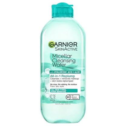 Garnier Micellar Water with Hyaluronic Acid, Facial Cleanser & Makeup Remover, Hydrating and Plumping, For All Skin Types, Vegan, Cruelty Free, 13.5 Fl Oz (400mL), 1 Count
