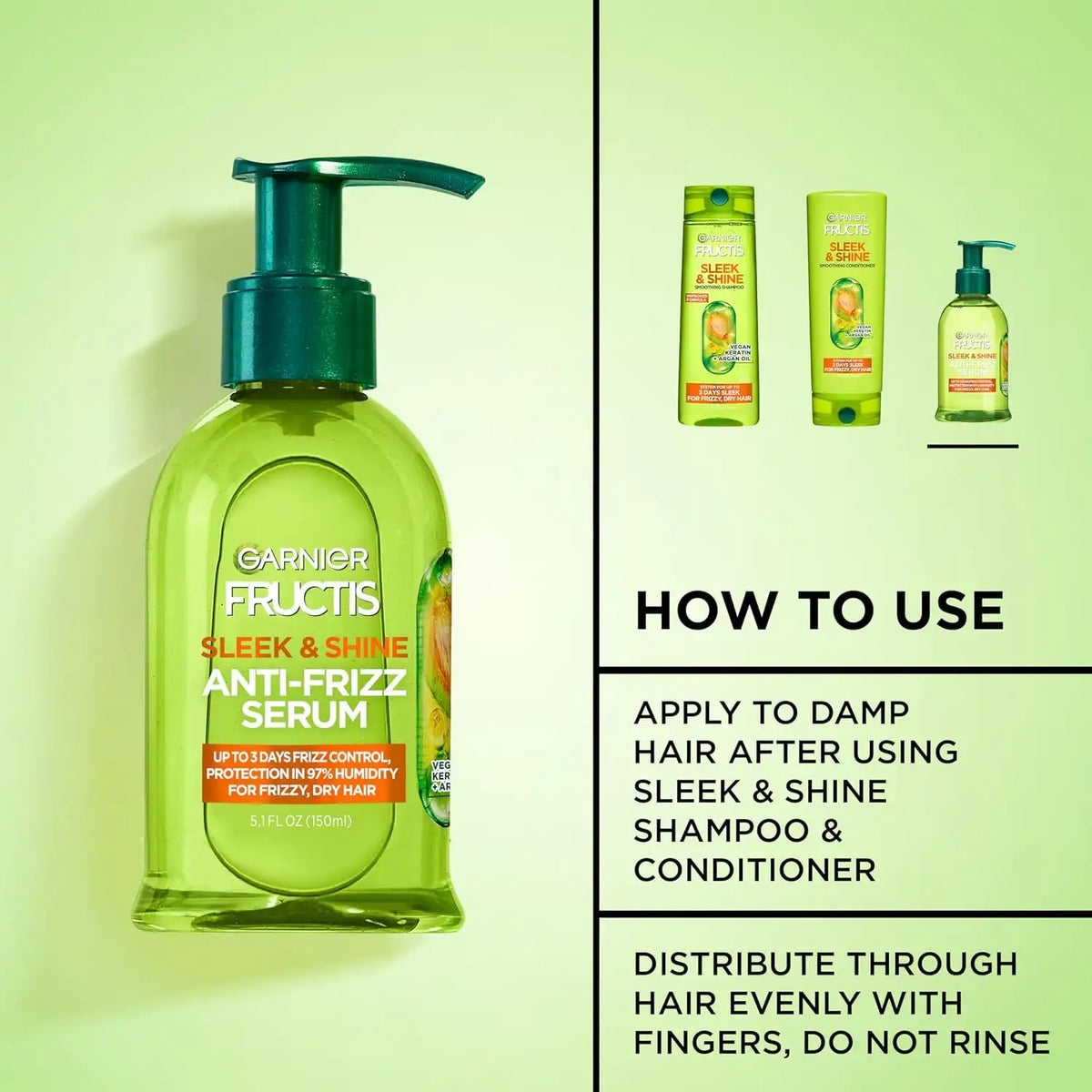Garnier Fructis Sleek & Shine Anti-Frizz Serum for Frizzy, Dry Hair, Argan Oil, 5.1 Fl Oz, 1 Count (Packaging May Vary)
