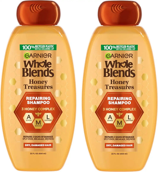 Garnier Whole Blends Honey Treasures Repairing Shampoo, with Sustainably Sourced Honey, For Dry, Damaged Hair, 22 Fl Oz, 2 Count (Packaging May Vary)
