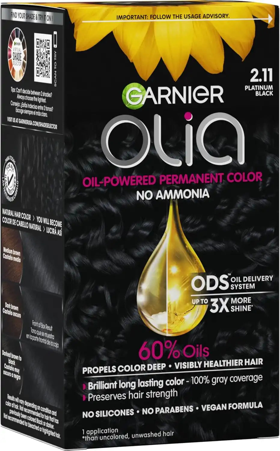 Garnier Olia Ammonia-Free Brilliant Color Oil-Rich Permanent Hair Color, 2.11 Platinum Black (Pack of 1) Black Hair Dye (Packaging May Vary)