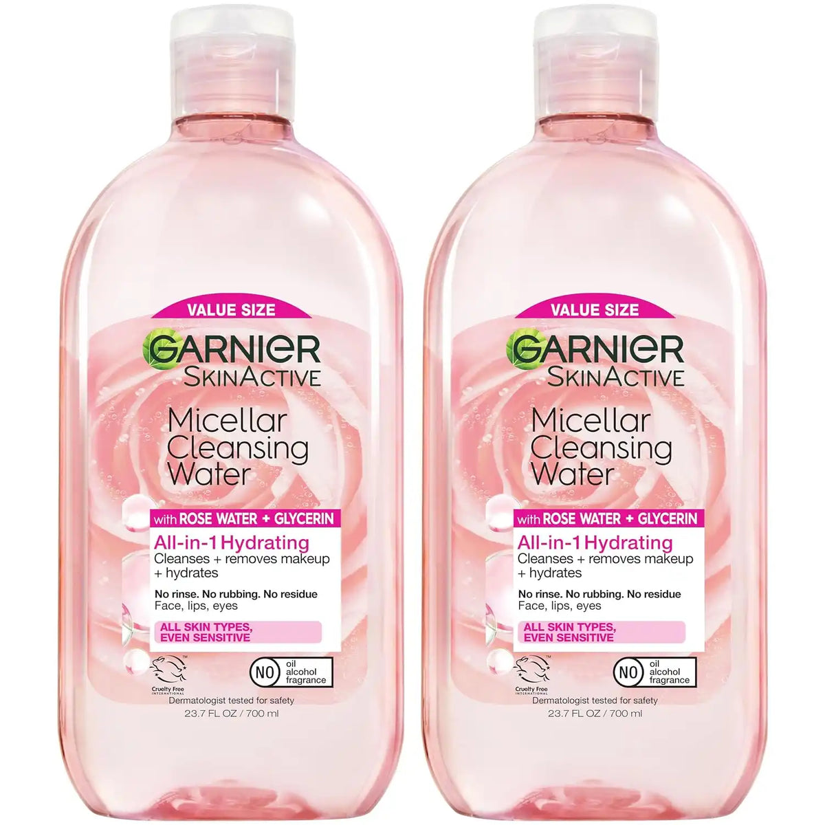 Garnier Micellar Water with Rose Water and Glycerin,Hydrating Facial Cleanser & Makeup Remover,For All Skin Types,Vegan,Cruelty Free,23.7 Fl Oz (700mL),(Pack of 2)