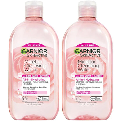 Garnier Micellar Water with Rose Water and Glycerin,Hydrating Facial Cleanser & Makeup Remover,For All Skin Types,Vegan,Cruelty Free,23.7 Fl Oz (700mL),(Pack of 2)