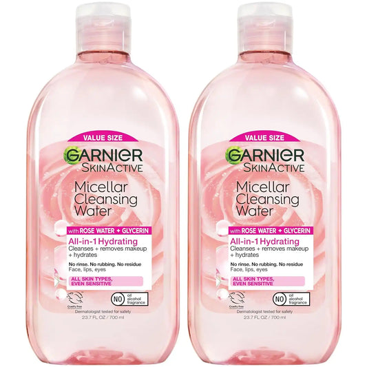 Garnier Micellar Water with Rose Water and Glycerin,Hydrating Facial Cleanser & Makeup Remover,For All Skin Types,Vegan,Cruelty Free,23.7 Fl Oz (700mL),(Pack of 2)