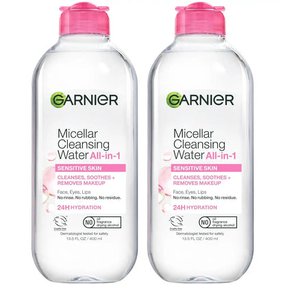 Garnier Micellar Water, Hydrating Facial Cleanser & Makeup Remover, Suitable for Sensitive Skin, Vegan, Cruelty Free, 13.5 Fl Oz (400mL), 2 Count