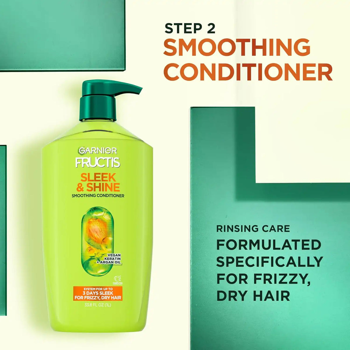 Garnier Fructis Sleek & Shine Conditioner, Smoothing Conditioner for Frizzy, Dry Hair with Argan Oil and Vegan Keratin, 33.8 Fl Oz (Packaging May Vary)