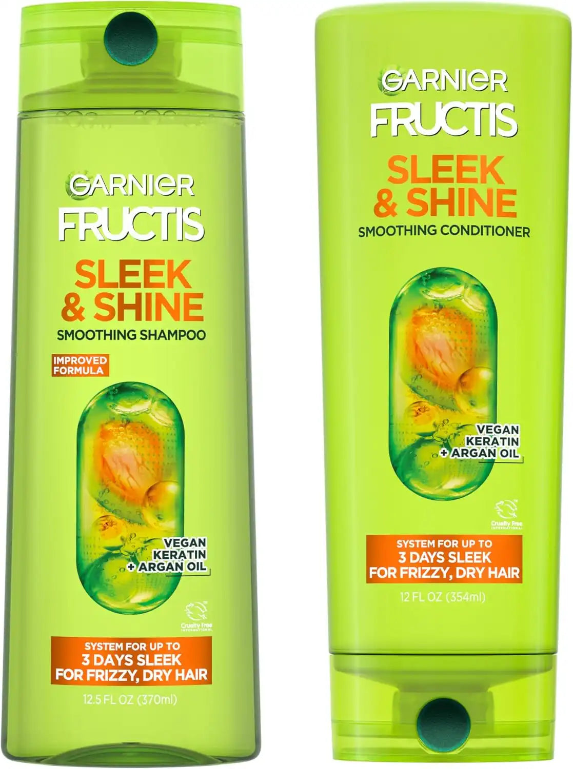 Garnier Fructis Sleek & Shine Shampoo (22 Fl Oz) + Conditioner (21 Fl Oz) Set for Frizzy, Dry Hair, Plant Keratin + Argan Oil (2 Items), 1 Kit (Packaging May Vary)