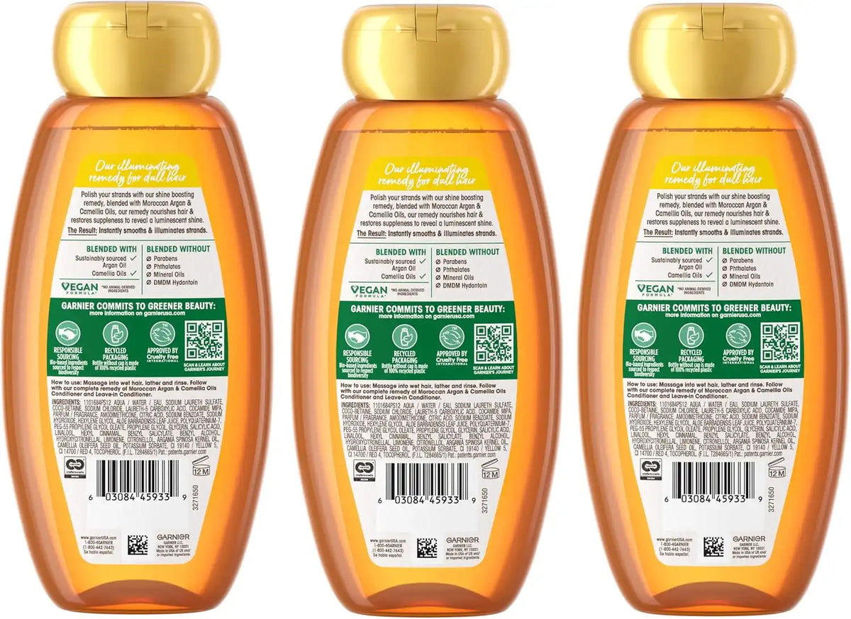 Garnier Whole Blends Moroccan Argan & Camellia Oils Illuminating Shampoo for Silky Shine, 12.5 Fl Oz, 3 Count (Packaging May Vary)