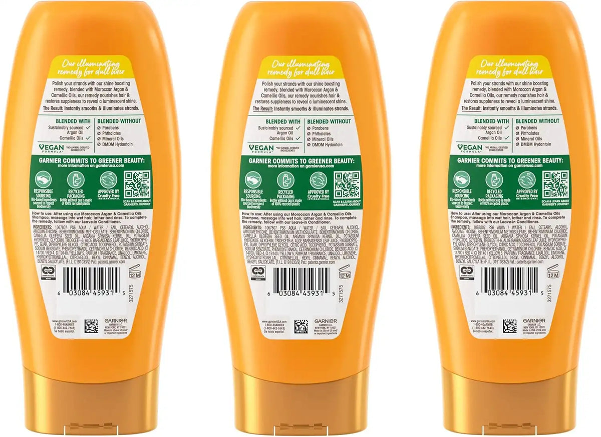Garnier Whole Blends Moroccan Argan & Camellia Oils Illuminating Conditioner for Silky Shine, 12.5 Fl Oz, 3 Count (Packaging May Vary)