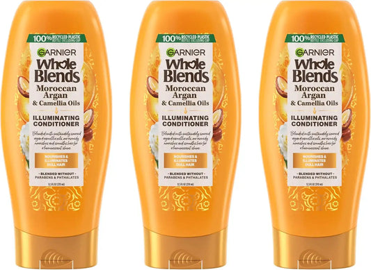 Garnier Whole Blends Moroccan Argan & Camellia Oils Illuminating Conditioner for Silky Shine, 12.5 Fl Oz, 3 Count (Packaging May Vary)