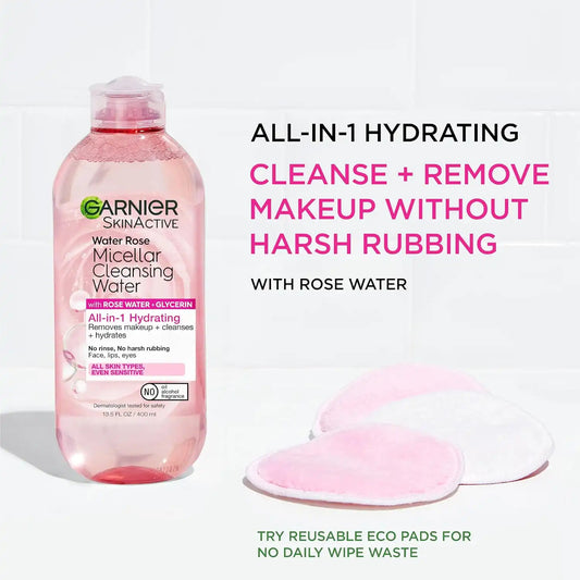 Garnier SkinActive Micellar Water with Rose Water and Glycerin, Facial Cleanser & Makeup Remover, All-in-1 Hydrating, 400 ml, 1 count (Packaging May Vary)