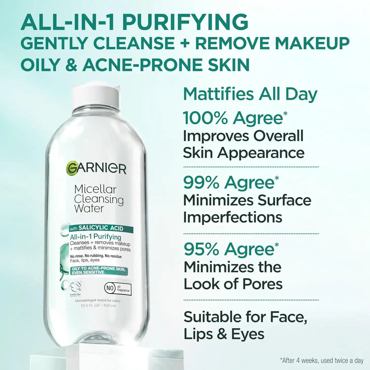 Garnier Micellar Water with Salicylic Acid, All-in-1 Mattifying Facial Cleanser and Makeup Remover for Oily and Acne Prone Skin, 13.5 Fl Oz