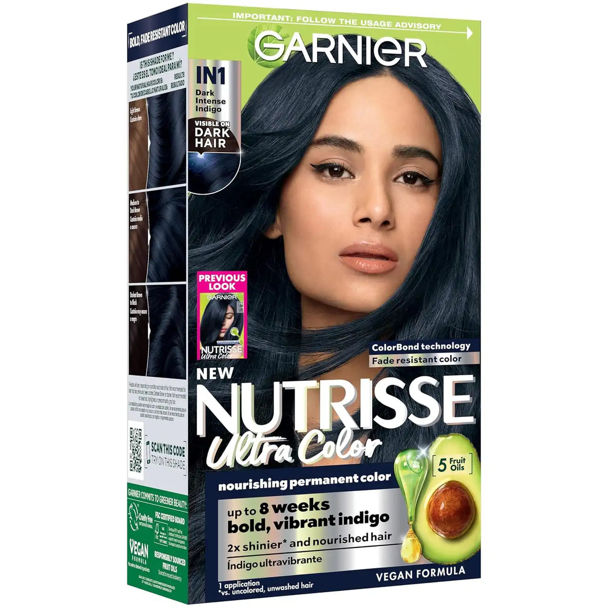 Garnier Nutrisse Ultra Color Hair Color, Permanent Hair Dye for Up to 8 Weeks of Bold, Vibrant, Fade-Resistant Results, Vegan & Cruelty-Free, IN1 Dark Intense Indigo (Midnight Iris), 1 Count