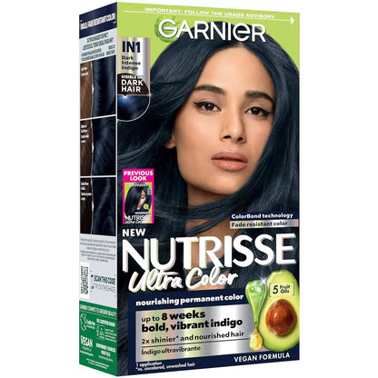Garnier Nutrisse Ultra Color Hair Color, Permanent Hair Dye for Up to 8 Weeks of Bold, Vibrant, Fade-Resistant Results, Vegan & Cruelty-Free, IN1 Dark Intense Indigo (Midnight Iris), 1 Count