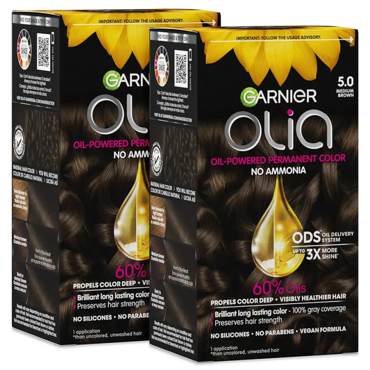 Garnier Olia Hair Color, Ammonia-Free Permanent Hair Dye, Oil-Powered Formula for 100% Gray Coverage and 3x Shinier Hair, Vegan & Cruelty Free, 5.0 Medium Brown, 2 Count